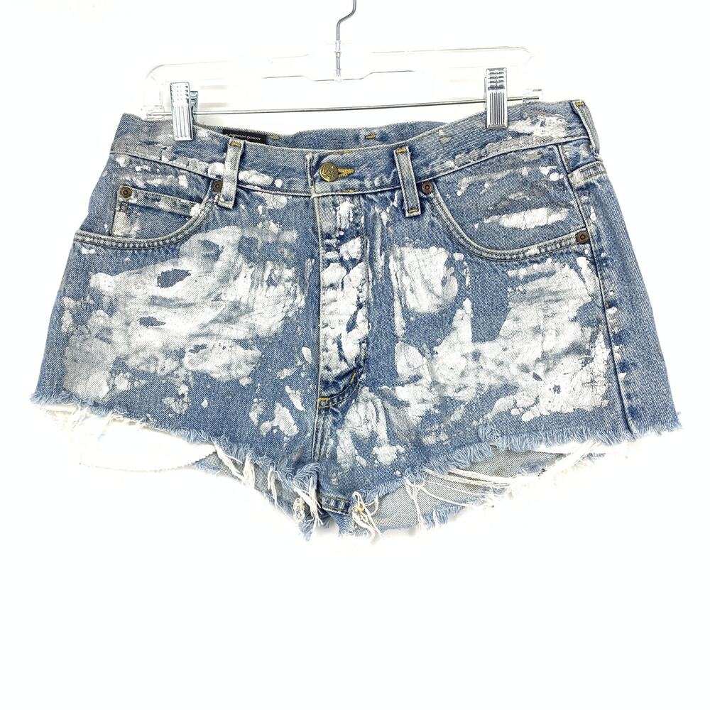 Vintage Upcycled Lee X Rag Union Cut Off Denim Shorts Womens Sz 32" Silver Paint